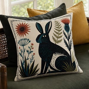 May include: A square throw pillow featuring a cream-colored front with a dark blue rabbit illustration surrounded by stylized botanical elements in shades of red, green, and blue, framed by a thin black border with small decorative corner accents.
