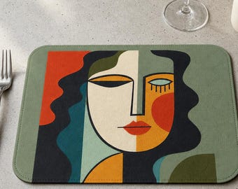 Mantel individual de piel con rostro abstracto, decoración de mesa de arte cubista, mantel individual de comedor de artista moderno