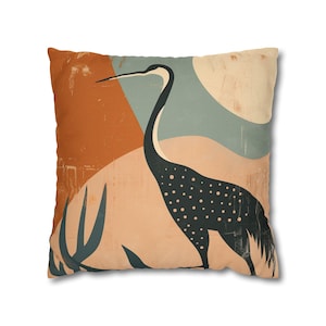 Boho Crane Throw Pillow, cover only, Japandi Heron Cushion Case, Terracotta & Sage