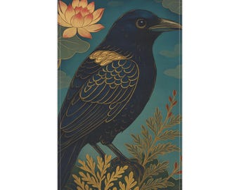 Crow Tea Towel Japanese Inspired Kitchen Decor Gothic Bird Art Cotton Linen Dish Towel for Witchy Home or Gift