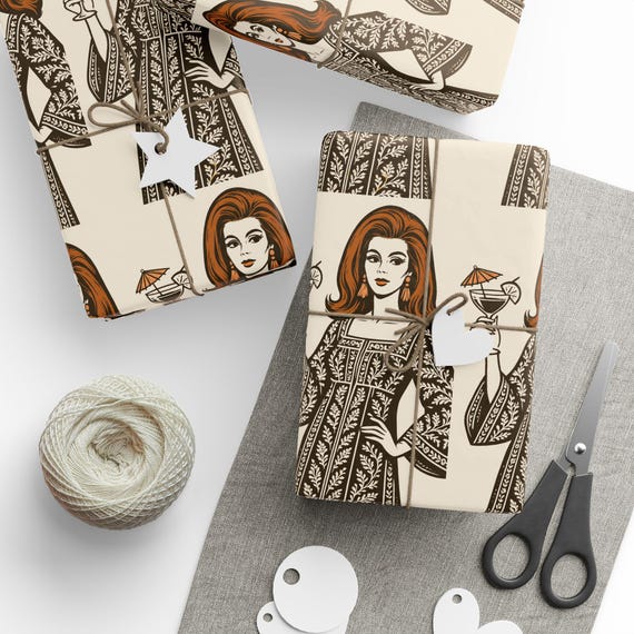 70s Vintage Portrait Wrapping Paper,caftans and cocktails wrap, caftails,  retro Gift Wrap