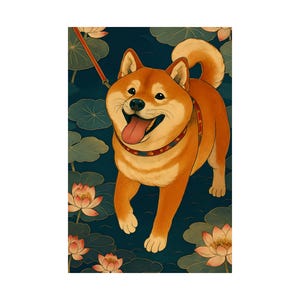 Shiba Inu Art Japanese Inspired Dog Wall Art Print Cute Shiba Poster Lotus Flowers Decor for Pet Lovers Home or Office