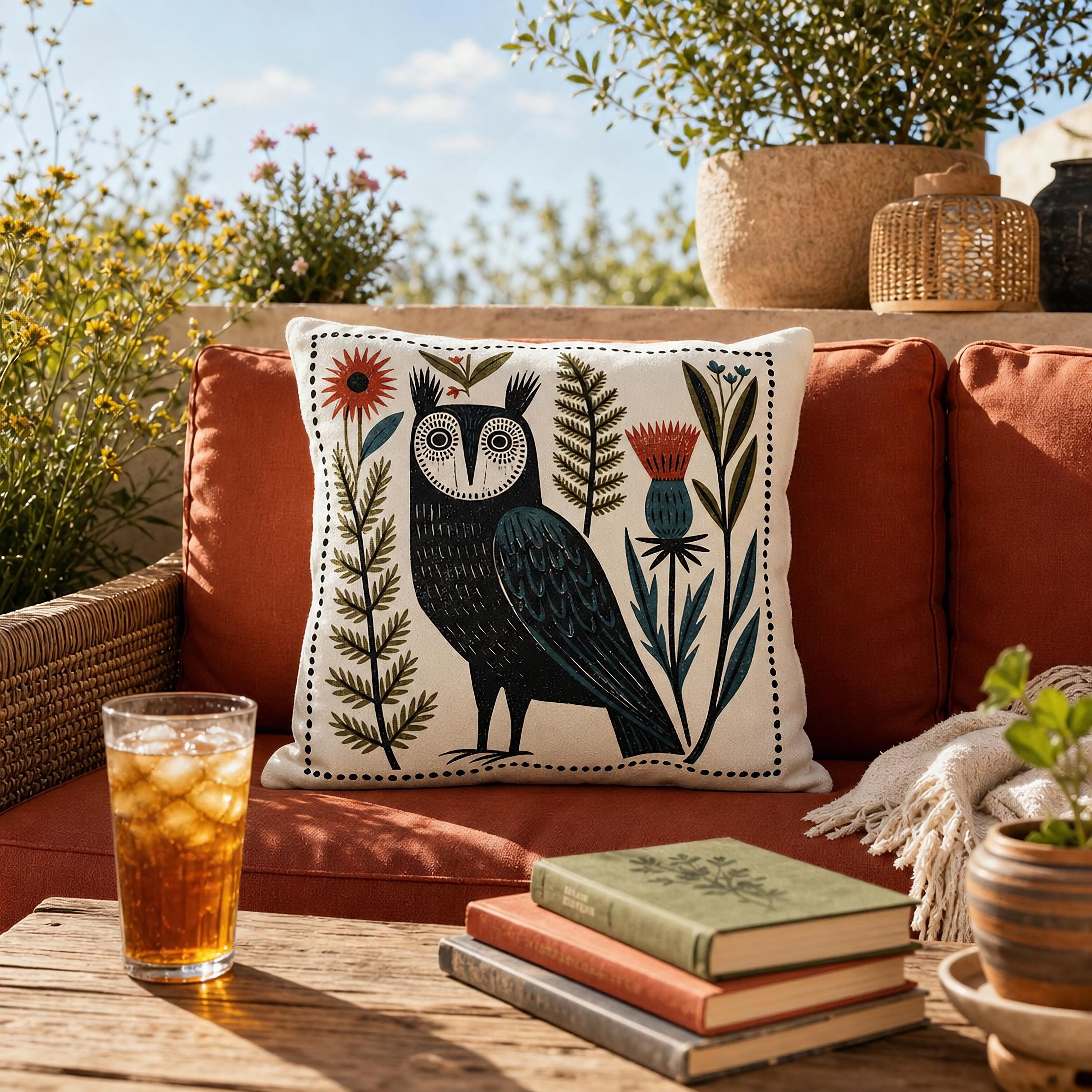 Folk Art Owl Outdoor Pillow, Scandinavian Linocut Patio Cushion, Woodland Bird Porch Decor, Nature L