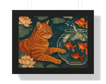 Cat and Goldfish Wall Print Framed Poster Funny Orange Tabby Cat Artwork Whimsical Pet Decor for Cat Lovers Japanese Inspired
