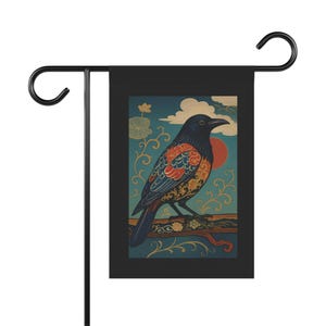 Raven Garden Flag, Folk Art Crow Banner for Yard or Porch, Double Sided Outdoor Decor 12x18 or 24.5x32, No Pole Included