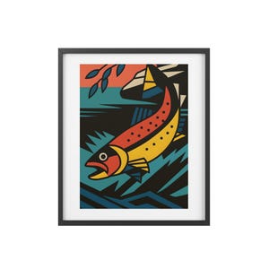 Décoration murale impression d'art saumon, affiche de pêche du nord-ouest du Pacifique, oeuvre d'art animalière audacieuse moderne, cadeau pour les amoureux de la nature, impression d'affiche mate encadrée