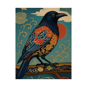 Japanese Crow Art Print: Gothic Raven Poster, Mystical Bird Decor