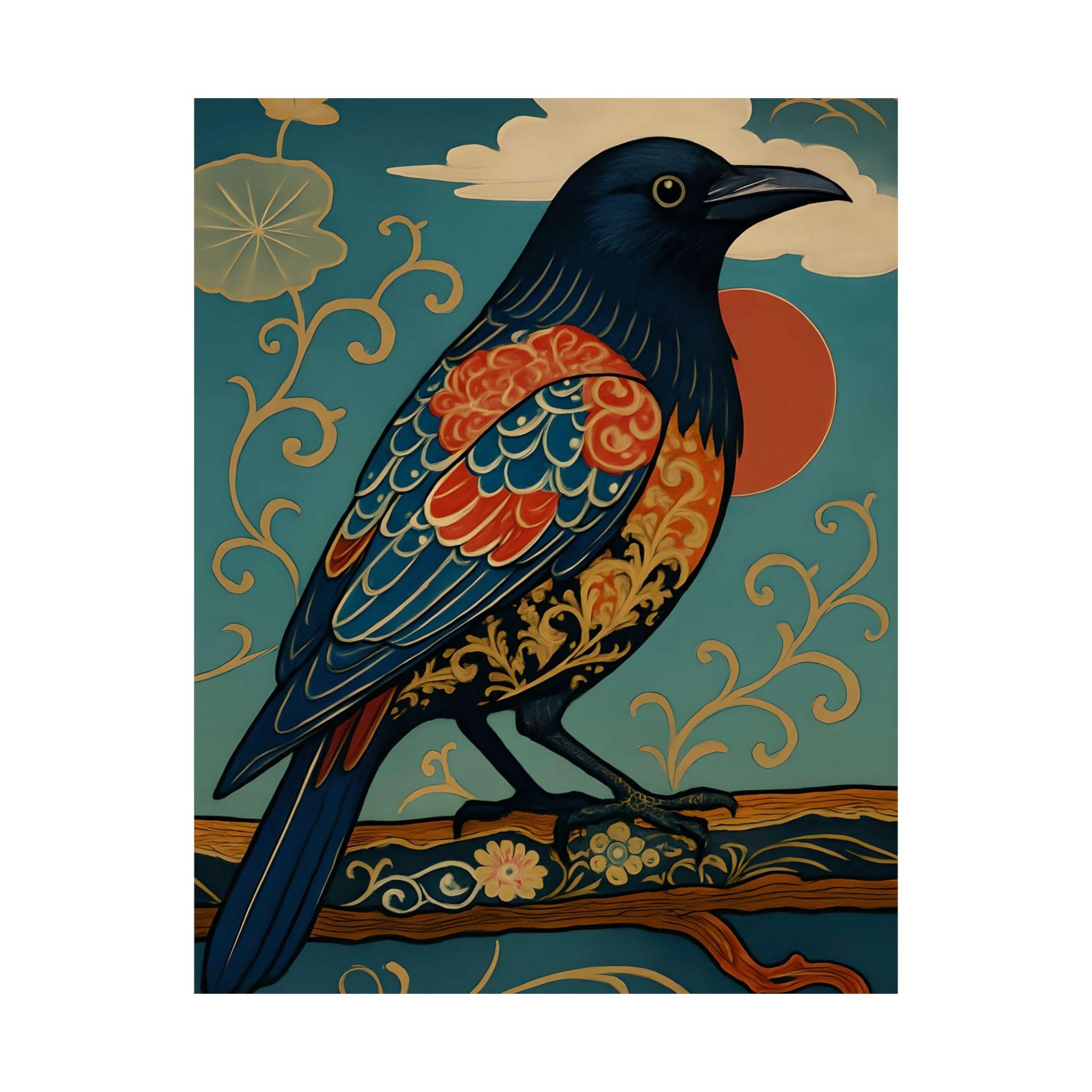 Crow Wall Art Japanese Inspired Satin Poster Gothic Bird Print Folk Style Decor Mystical Raven Artwork for Home 11x14 to 24x32 Inches