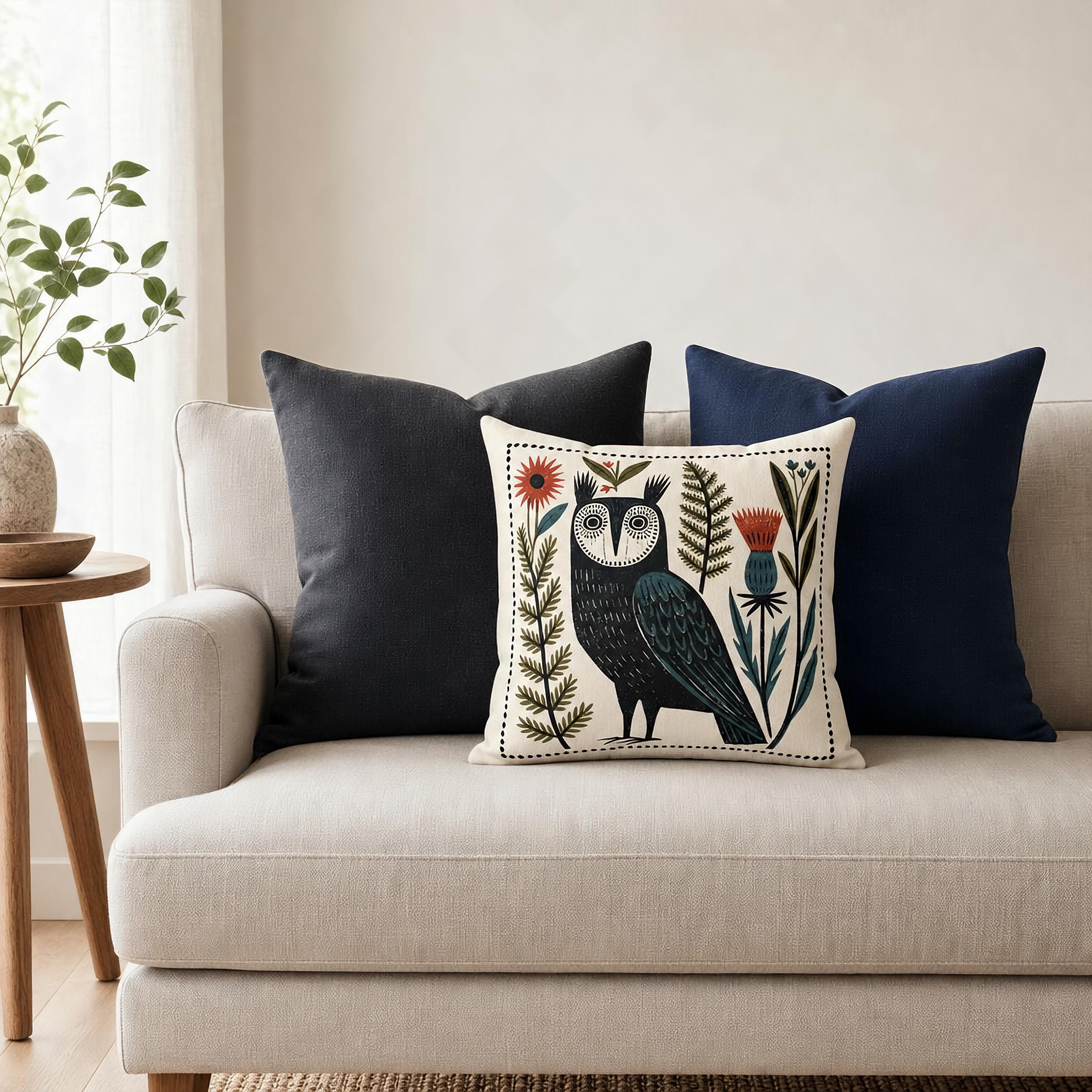 Owl Throw Pillow Cover and insert, Scandinavian Folk Art Pillow, Black Linocut Owl Woodland Decor, N