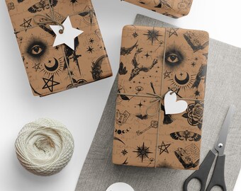 Witchy Kraft Wrapping Paper, Celestial Moons Stars Crows Gift Wrap