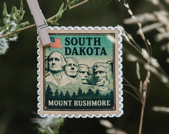 Stämpelklistermärke från Mount Rushmore i South Dakota – Vintage Americana-litografi
