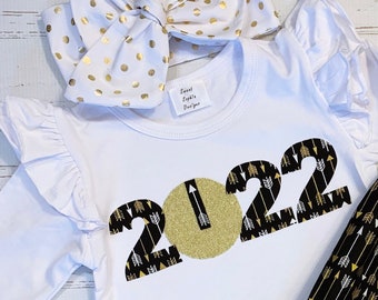 New Years Eve Shirt Girls, 2024, NB-12Y, Black and Gold, Kids New Years Eve Shirt, Ruffle Pants, Baby First New Year