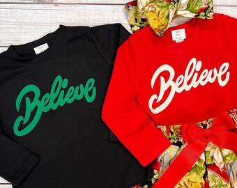 Matching Believe Shirts Siblings, Long Sleeve Shirt, NB-12Y, Poinsettia Skirt, Black and Red, Twirl Skirt, Fabric Applique