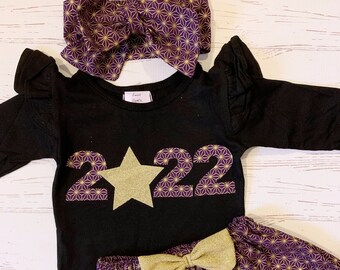 New Years Eve Shirt for Girls, NB-12Y, Hello 2024, Purple and Gold, Kids New Years Eve Shirt, Ruffle Pants, Baby First New Year