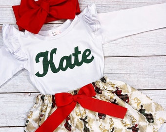 Christmas Green Script Name Shirt, Outfit for Girls, 3M-12Y, Reindeer Skirt, Christmas Skirt Baby Girls, Matching Sisters, First Christmas