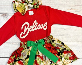 Red Believe Shirt Girls, NB-12Y, Poinsettia Skirt, Matching Sisters Christmas Outfits, Sibling Christmas Clothing