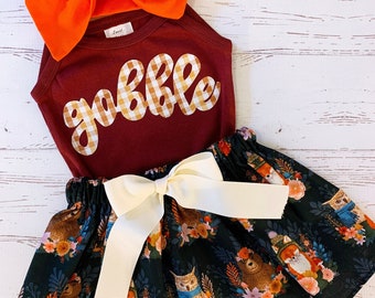 Woodland Animals Skirt Girl, Thanksgiving Outfit Girls, NB-12Y, Plaid Script Gobble, Harvest Plaid Shirt, Maroon and Gold, Youth Girls