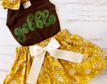 Gobble Shirt and Skirt NB-12Y, Thanksgiving Baby Girls, Thanksgiving Skirt, Gobble Script Shirt, Youth Girl, Autumn Skirt Color