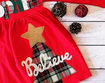 Christmas Believe Dress Girls, 12M-8Y,  Red Dress, Youth Girls, Christmas Tree Dress, Country Christmas Dress, Fabric Applique Dress