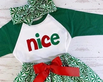 Naughty or Nice Shirts for Siblings, Sisters Matching Christmas, Red and Green, Peppermint Skirt Girls, Toddler Girls, Youth Girls