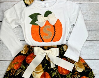 Thanksgiving Outfit for Girls, Flannel Skirt Girl, Formal Thanksgiving Outfit, Personalized Shirt, Minky, Pumpkin Applique, Matching Sisters