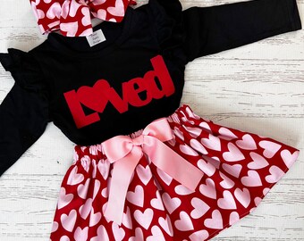 Valentine Outfit for Girls, 3M-12Y, Skirt with Hearts, Valentine Skirt Toddler Girls, Matching Valentine Sisters, Loved Shirt Kid