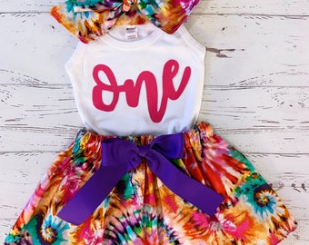 Tie Dye Birthday Outfit, Toddler Girls, Youth Girls, Tie Dye Head Wrap, Tie Dye Hair Bow, Tie Dye Skirt Girls