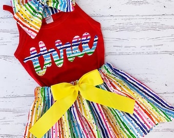 Rainbow Birthday Outfit for Girls, Rainbow Skirt, Rainbow Sprinkles Head Wrap, Applique Birthday Shirt, Skirt Set, Girls Clothing