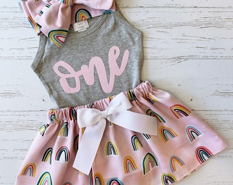 Modern Muted Rainbow Outfit for Girls, Pink Muted Rainbow Birthday, Youth Girls, Girls Clothing, Boho Muted Rainbow Skirt, Applique Shirt