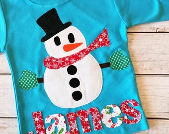 Snowman Shirt Toddler Boy, Matching Winter Outfits Brother and Sister, Snowman Dress Girl, Fabric Applique Dress, Turquoise and Red