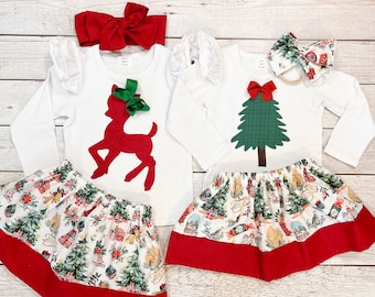 Matching Christmas Outfits Sisters, 0/3M-12Y, Retro Christmas, Oh Deer Shirt, Fabric Applique, Long Sleeve, Woodland Animals