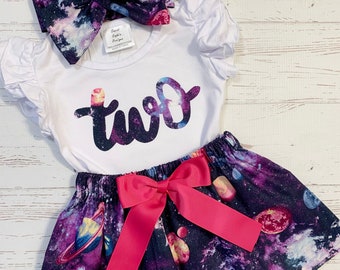 Two the Moon Birthday Outfit, Galaxy Birthday Outfit, Space Birthday Skirt, Planets Birthday Outfit, Out of This World Birthday