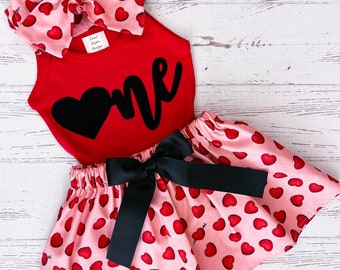 Valentine Birthday Outfit for Girls, NB-12Y, One Birthday Shirt, First Valentine, Valentine Skirt, Red and Black, 1st Birthday Outfit