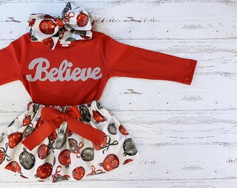 Silver and Red Ornament Skirt Girls, NB-12Y, Believe Shirt, Red and Silver, Matching Sisters Christmas Outfits, Sibling Christmas Clothing