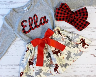 Personalized Scripts Buffalo Plaid Shirt Girls, 3M-12Y, Christmas Outfit Baby Girl, Matching Sisters Christmas, Moose Winter Skirt Set