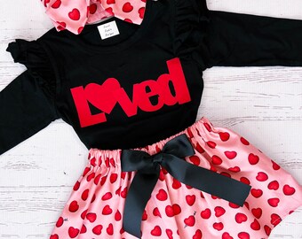 Valentine Outfit for Girls, 3M-12Y, Skirt with Hearts, Valentine Skirt Toddler Girls, Matching Valentine Sisters, Loved Shirt Kid