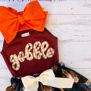 Gobble Shirt for Girls, Plaid Script Gobble, Harvest Plaid Gobble Shirt, Maroon and Gold, Toddler and Youth Thanksgiving Shirt