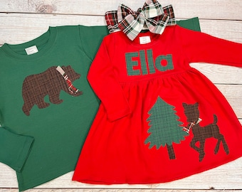Matching Christmas Outfits Siblings, Woodland Animals, Red Long Sleeve, Tartan Plaid Head Wrap,  Empire Waist Dress, Fabric Applique