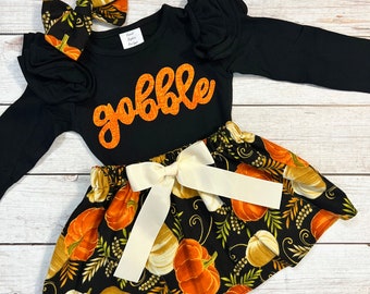 Thanksgiving Outfit Toddler Girls, NB-12Y, Thanksgiving Outfit Baby Girls, Gobble Script Shirt, Youth Girl Thanksgiving