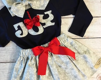 Christmas Snowflake Outfit for Girls, NB-12Y, Navy Shirt, Joy Shirt, Twirl Skirt, Plaid, Matching Sisters Christmas Outfits