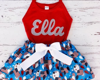 Personalized 4th of July Outfit Girls, Flag Skirt, Patriotic Skirt, Big Girls, Red White and Blue, Personalized Shirt, 4th of July Clothing