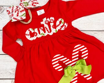 Candy Cane Cutie Dress, Red Long Sleeve, Christmas Birthday Dress, Matching Sisters, Empire Waist Dress, Fabric Applique, Candy Cane Shirt
