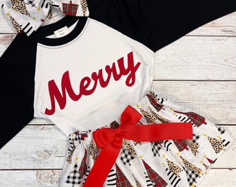 Girls Winter Outfit, Merry & Bright Raglan, Matching Siblings, Christmas Shirt Kids, Be Merry Shirt, Leopard Print, Toddler Holiday Shirts