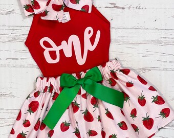 Strawberry Birthday Outfit, Any Age, Sweet One First Birthday Outfit, Summer Fruit Birthday Outfit, Strawberry Twirl Skirt, Girls Clothing