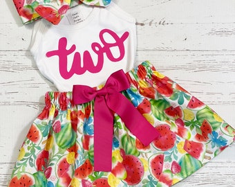 Twotti Frutti Birthday Baby Girls, Second Birthday, Fruit Birthday, Luau Birthday Baby Girl, Pineapple Skirt, Fruit Head Wrap, Fruit Bow