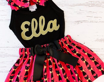 Personalized Halloween Outfit Girls, Black Cat Skirt, Girls Clothing, Halloween Cat, Black Cat Dress, Girls Cat Outfit