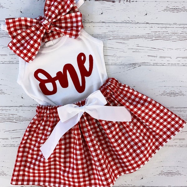 BBQ Birthday Party Outfit Girl, Red Gingham Skirt, Gingham Head Wrap Picnic Birthday Outfit, Girl Summer Birthday Outfit, Tank Top Birthday