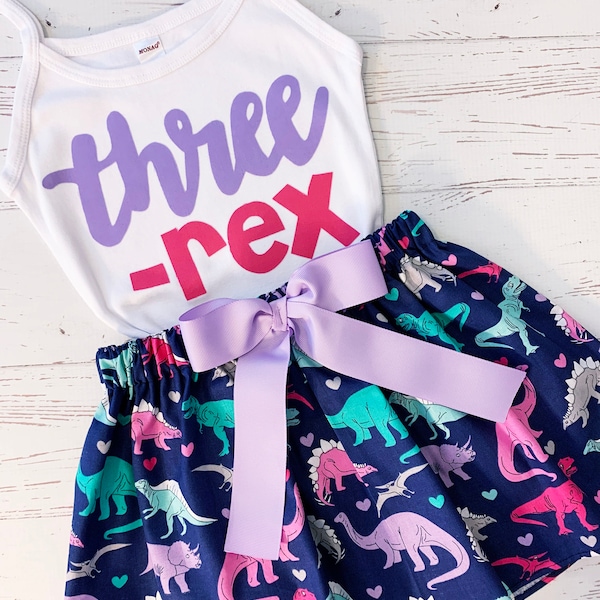 Three-Rex Birthday Shirt Girl, Dinosaur Birthday, Lilac and Pink, Dinosaur Outfit