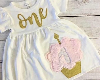 Cupcake Dress Baby Girls, First Birthday Dress Baby Girl, Fabric Applique, Baby Girl Birthday, Pink and Gold, Girls Dresses