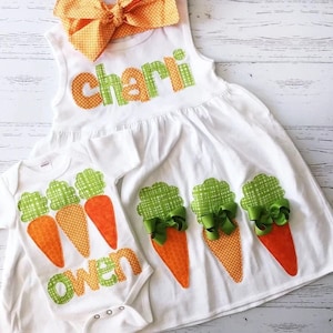 Matching Easter Outfits Siblings, Boys Carrot Easter Shirt, Toddler Girls Easter Dress, Fabric Applique, Easter Outfit Baby Girl